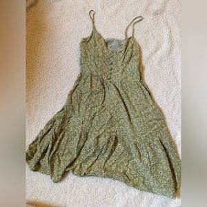 ROMWE Green Floral Button Waist Sun Dress L